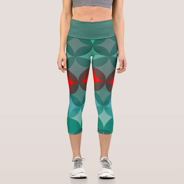 art deco inspired teal & red abstract capri leggings (Front)