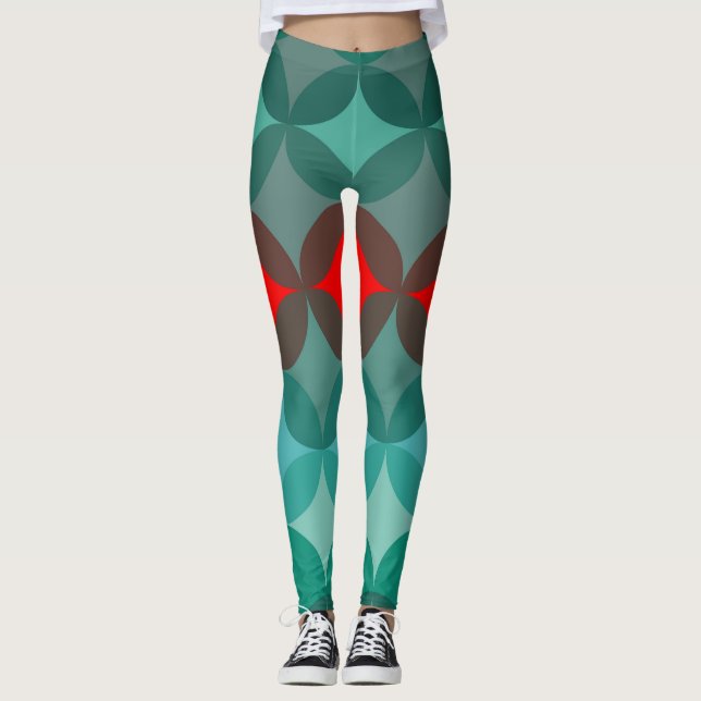 art deco inspired teal & red abstract leggings (Front)