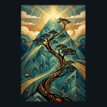 Art Deco Japanese Bonsai Mountain Gold Teal Poster<br><div class="desc">Experience the serene beauty of nature through a lens of 1920s luxury. This stunning illustration features a graceful, winding Bonsai tree silhouette with stylized pine clouds, set against a majestic geometric mountain peak. Bathed in a radiant golden sunburst with flowing teal and orange light trails, this piece perfectly blends Japanese...</div>