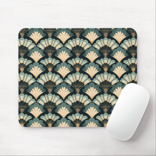 Art Deco Japanese Fan Motif Beige Black Teal Mouse Mat