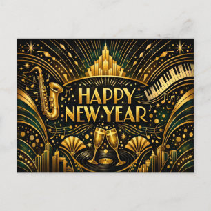 Art Deco Jazz Gold Happy New Year Holiday Postcard