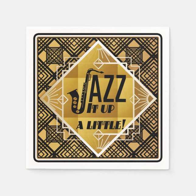 Art deco jazz saxophone black gold music  napkin (Front)