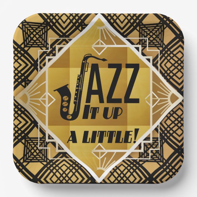 Art deco jazz saxophone black gold music  paper plate (Front)