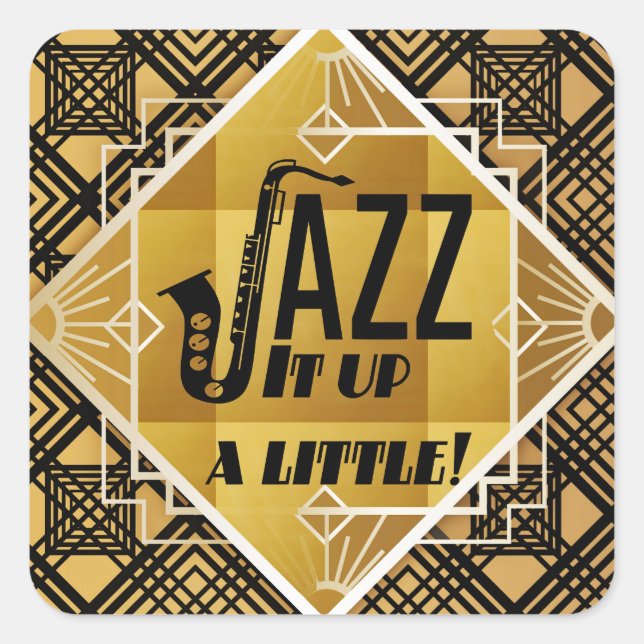 Art deco jazz saxophone black gold music square sticker (Front)