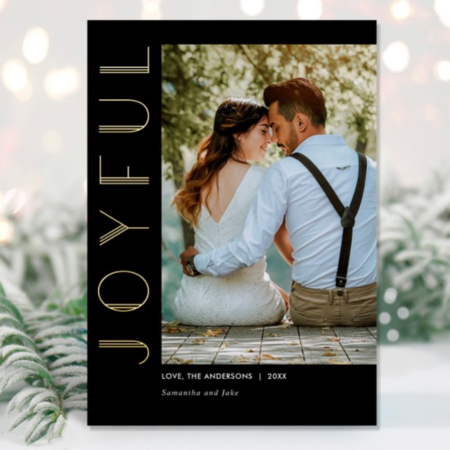 Art Deco Joyful Black Gold simple modern Christmas Foil Holiday Card (Creator Uploaded)