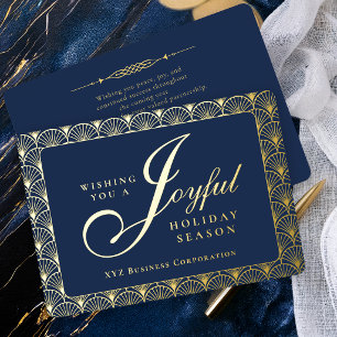 Art Deco Joyful Navy Corporate Business  Foil Holiday Card