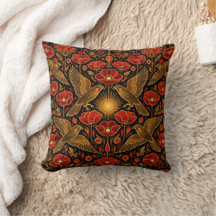 Art Deco Kestrels & Poppies Bold Decorative Art Cushion