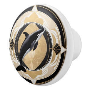 Art Deco Killer Whale Black White Gold Orca Ceramic Knob