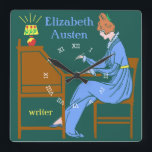 Art Deco Lady Author at Writing Desk in Blue Square Wall Clock<br><div class="desc">This personalised square wall clock has a vintage Art Deco stencil look. A woman in a blue dress sits at a writing desk with pen raised while a lamp shines next to her. The background is dark teal. The woman looks like she is from the 19th or early 20th century....</div>