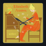 Art Deco Lady Author at Writing Desk in Orange Square Wall Clock<br><div class="desc">This personalised square wall clock has a vintage Art Deco stencil look. A woman in an orange dress sits at a writing desk with pen raised while a lamp shines next to her. The background is dark gold. The woman looks like she is from the 19th or early 20th century....</div>