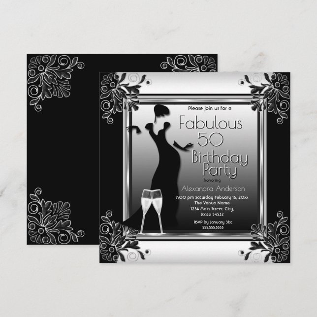 Art Deco Lady Black White Champagne Birthday Party Invitation (Front/Back)