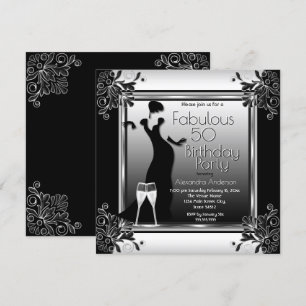 Art Deco Lady Black White Champagne Birthday Party Invitation