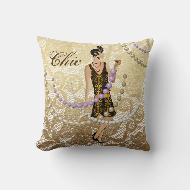 Art Deco Lady Gold Floral Lace Cushion (Front)