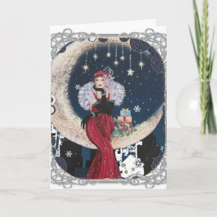 Art Deco Lady On The Moon Christmas Card