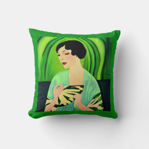 Art Deco Lady with a Fan in Jade Green Cushion