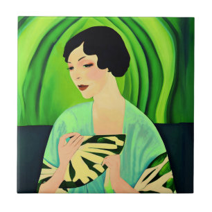 Art Deco Lady with a Fan in Jade Green Tile