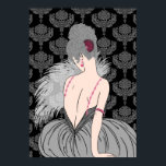 Art Deco Lady with Damask - BIANCA: Winter Grays Poster<br><div class="desc">Our beautiful Bianca is dressed in a full skirt and her top has straps consisting of strands of jewels. She holds a fan of feathers and is seated against a backdrop of rich damask. Bianca's hair is a mass of curls in a fabulous updo, held in place with a fan-shaped...</div>