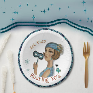 Art Deco Lady with flower white Paper Plate
