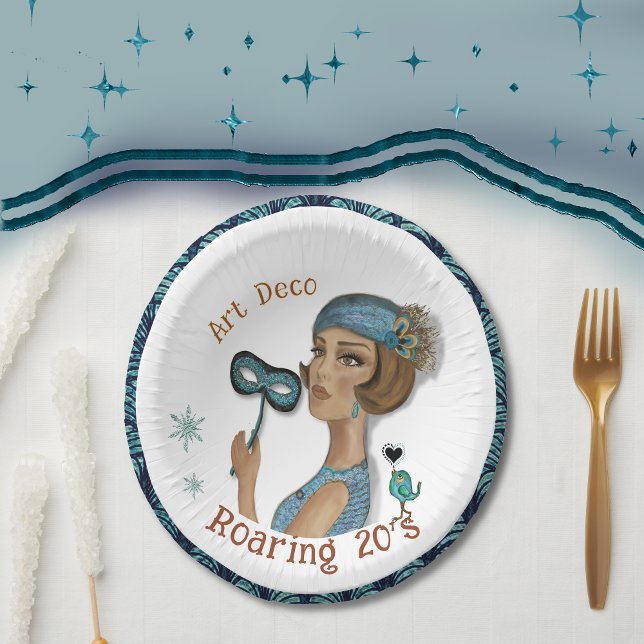 Art Deco Lady with flower white Paper Plate (Art Deco Lady with flower white Paper Bowls)