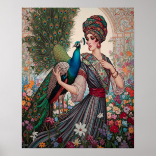 Art Deco Lady With Peacock Poster
