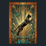 Art Deco Leaping Black Cat Wall Art<br><div class="desc">This dynamic art deco poster features a leaping black cat captured mid‑air above a teal marble pedestal, with bold gold fan rays exploding in the background. Intricate geometric patterns and a rich black‑gold‑teal palette create a powerful vintage 1920s vibe. Ideal for modern living rooms, studios or hallways, it’s a perfect...</div>