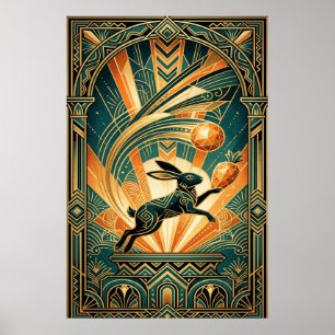 Art Deco Leaping Rabbit Gold & Teal Art Poster