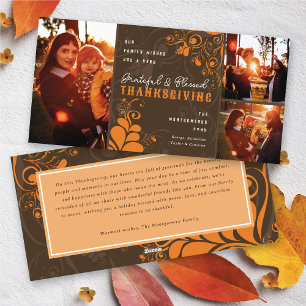 Art Deco Leaves Swirls Happy Thanksgiving 3 Photo Holiday Card