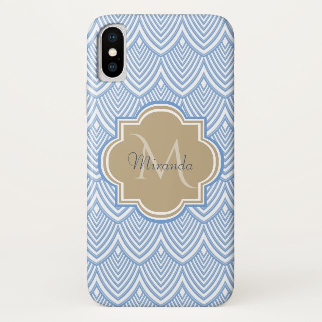 Art Deco Light Blue Fish Scales Tan Monogram Name Case-Mate iPhone Case (Back)