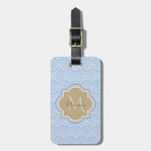 Art Deco Light Blue Fish Scales Tan Monogram Name Luggage Tag