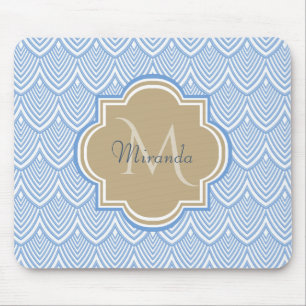 Art Deco Light Blue Fish Scales Tan Monogram Name Mouse Mat