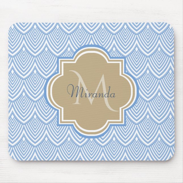 Art Deco Light Blue Fish Scales Tan Monogram Name Mouse Mat (Front)