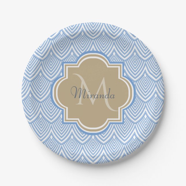 Art Deco Light Blue Fish Scales Tan Monogram Name Paper Plate (Front)