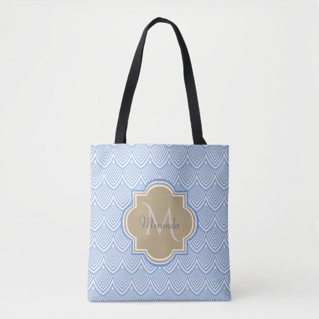 Art Deco Light Blue Fish Scales Tan Monogram Name Tote Bag (Front)