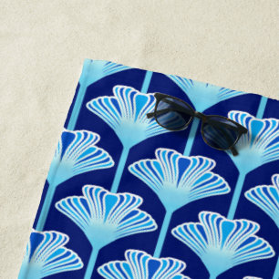 Art Deco Lily, Cobalt Blue, Aqua and White Beach Towel