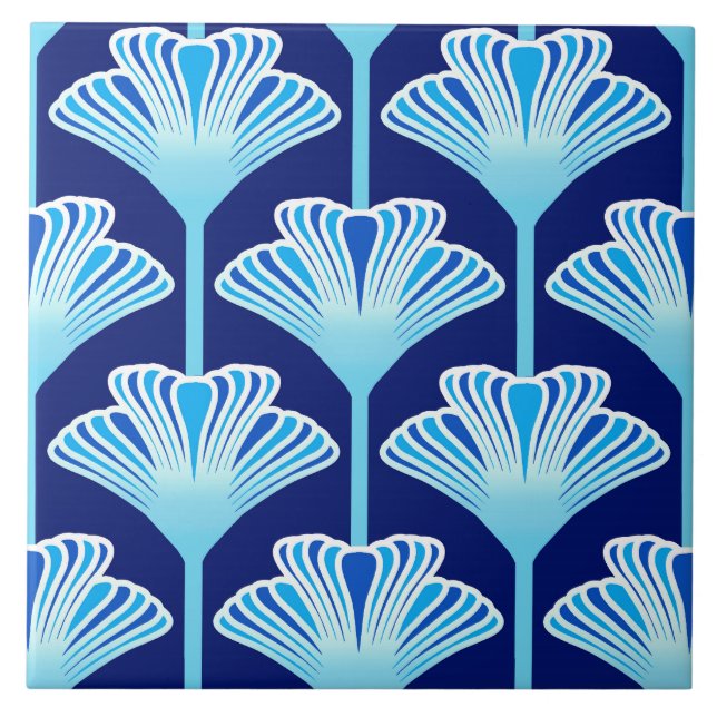 Art Deco Lily, Cobalt Blue, Aqua and White Tile (Front)
