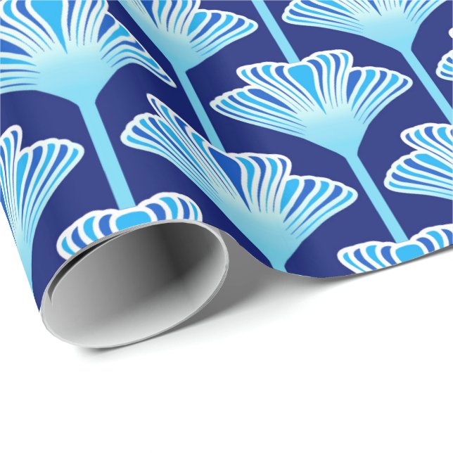 Art Deco Lily, Cobalt Blue, Aqua and White Wrapping Paper (Roll Corner)