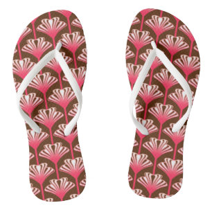 Art Deco Lily, Dark Brown and Coral Pink Flip Flops