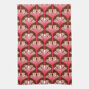 Art Deco Lily, Dark Brown and Coral Pink Tea Towel