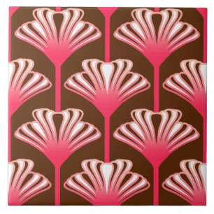 Art Deco Lily, Dark Brown and Coral Pink Tile