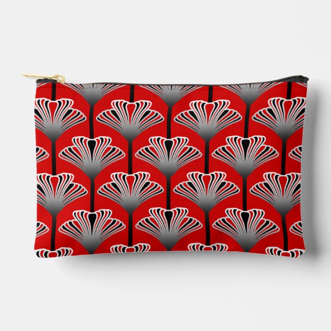 Art Deco Lily, Deep Red and Grey / Grey Accessory Pouch (Front)