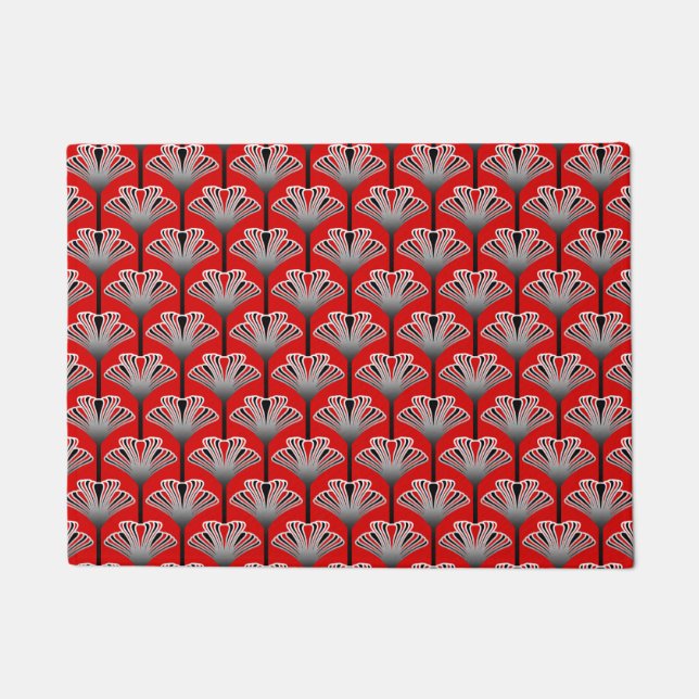 Art Deco Lily, Deep Red and Grey / Grey Doormat (Front)