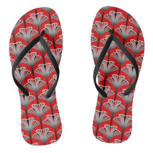 Art Deco Lily, Deep Red and Grey / Grey Flip Flops