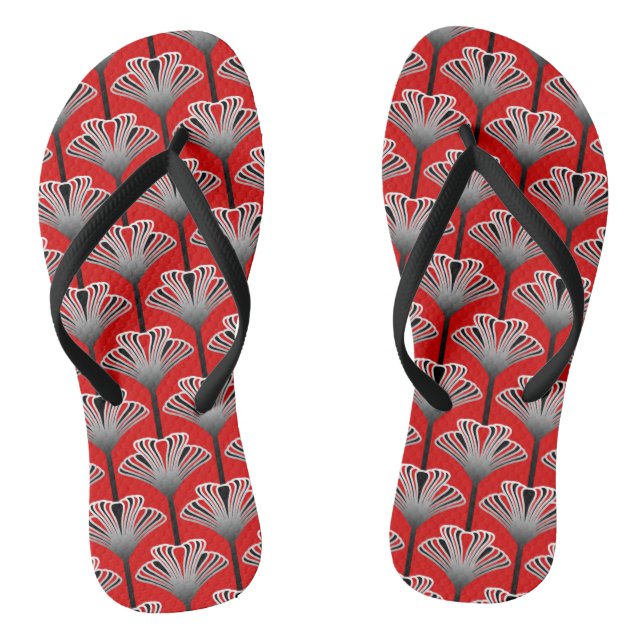 Art Deco Lily, Deep Red and Grey / Grey Flip Flops (Footbed)