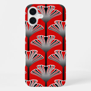 Art Deco Lily, Deep Red and Grey / Grey iPhone 16 Plus Case