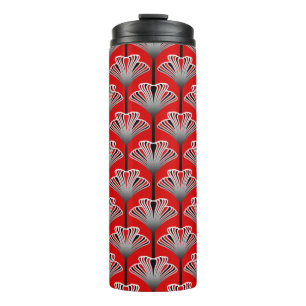 Art Deco Lily, Deep Red and Grey / Grey Thermal Tumbler
