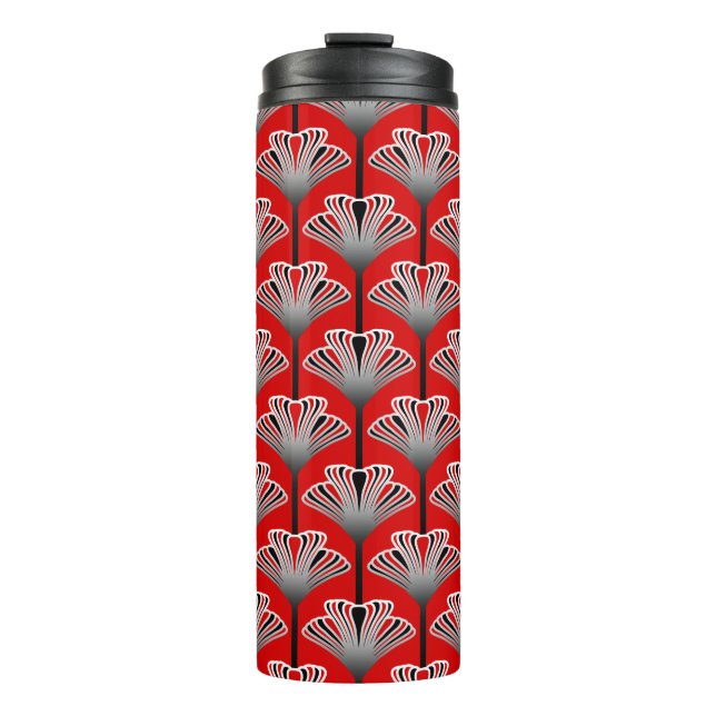 Art Deco Lily, Deep Red and Grey / Grey Thermal Tumbler (Front)