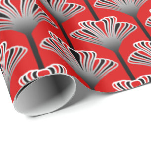Art Deco Lily, Deep Red and Grey / Grey Wrapping Paper