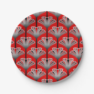 Art Deco Lily, Deep Red and Silver Grey / Grey Paper Plate