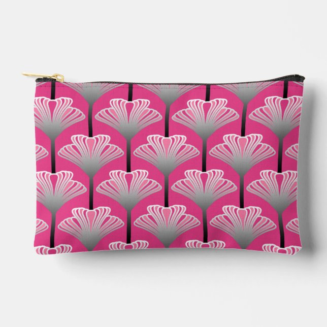 Art Deco Lily, Fuchsia Pink and Silver Grey Accessory Pouch (Front)