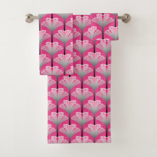 Art Deco Lily, Fuchsia Pink and Silver Grey Bath Towel Set